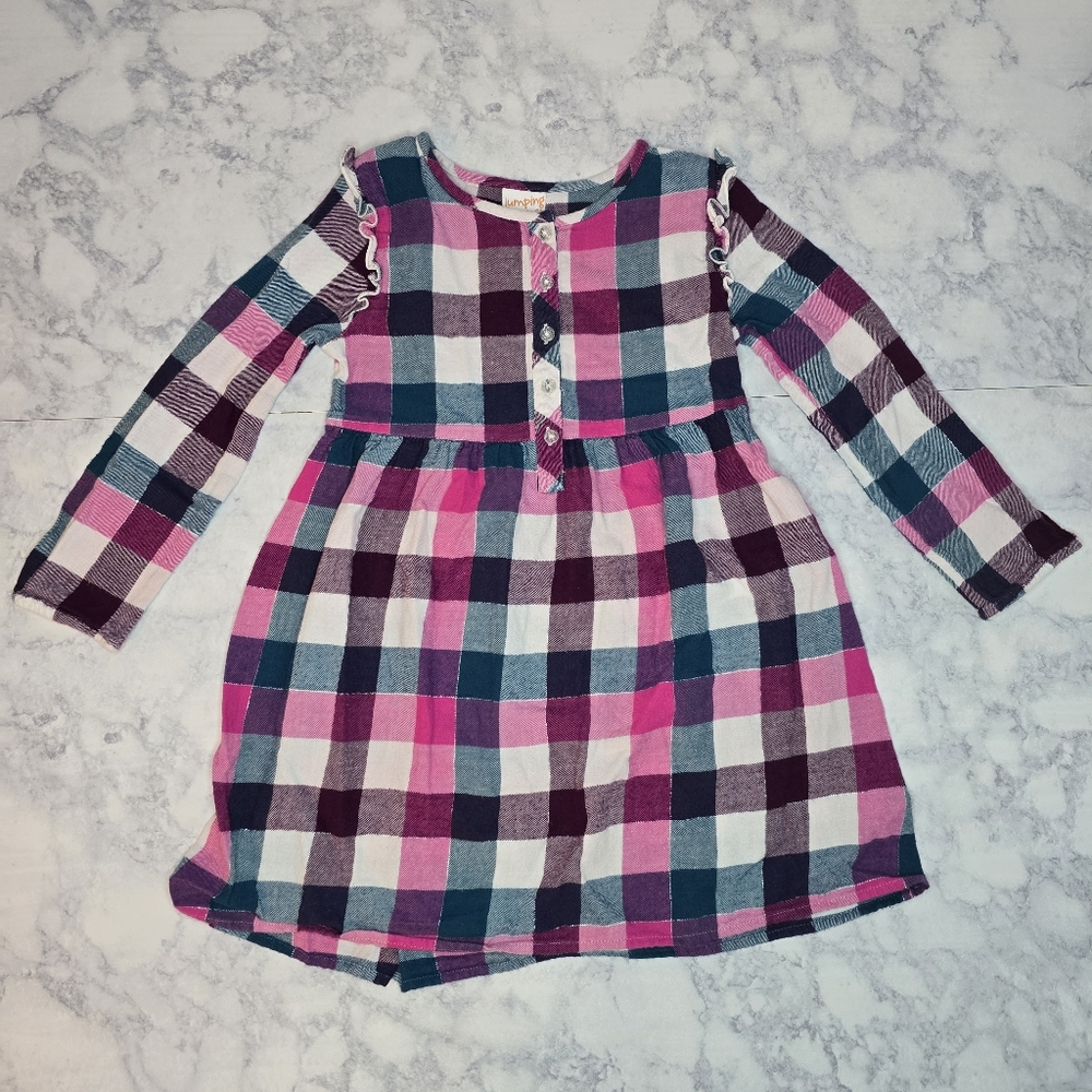 Jumping Beans Plaid Longsleeve Dress Pink Green Cream Sparkle Button 4T